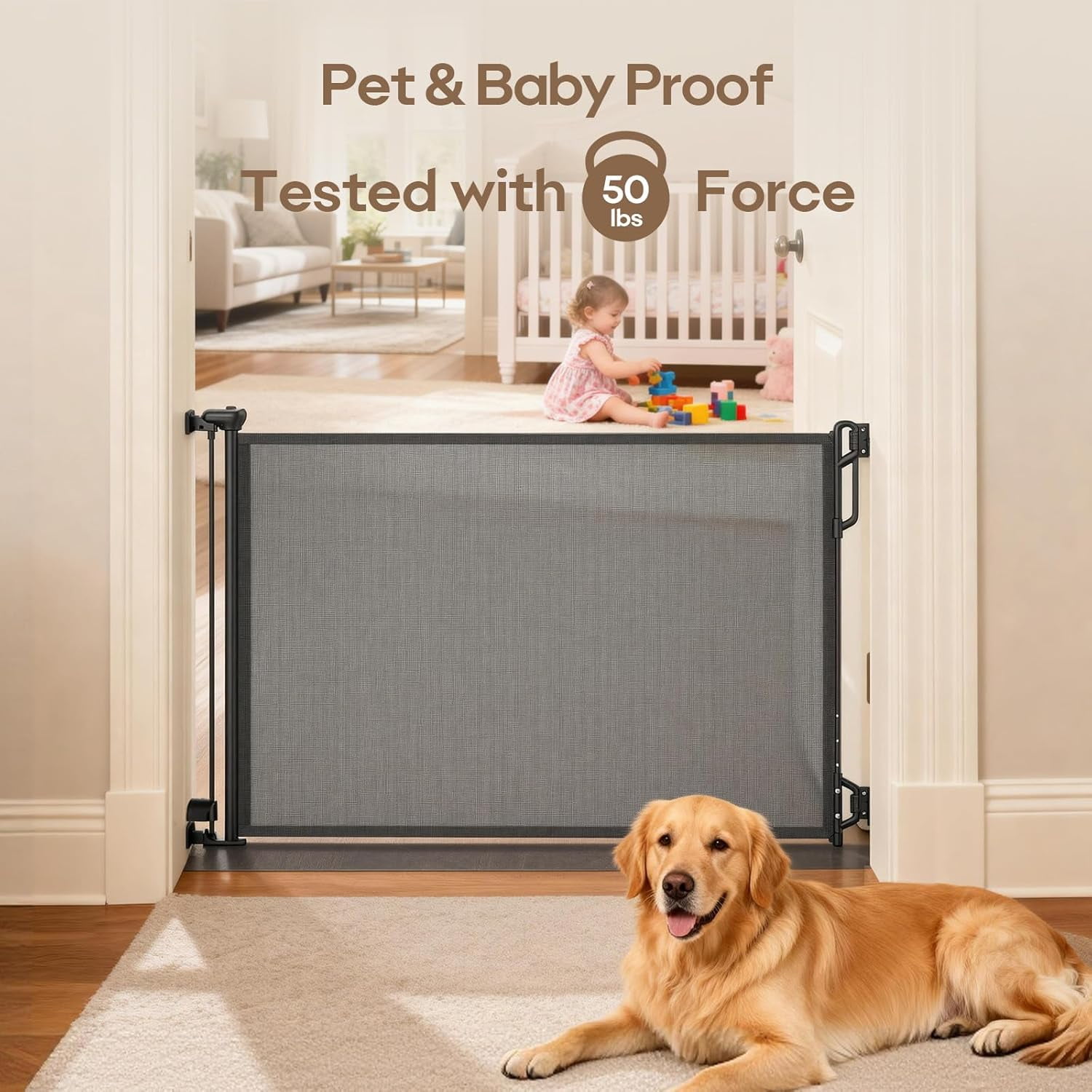 Retractable Safety Baby Gate or Mesh Dog Gate,Durable Portable Mesh Retractable Gate,Easy to Use for Stairs, Doorways, Hallways, Indoor, Outdoor, 33.5" Tall, Up to 55" Wide, Cream
