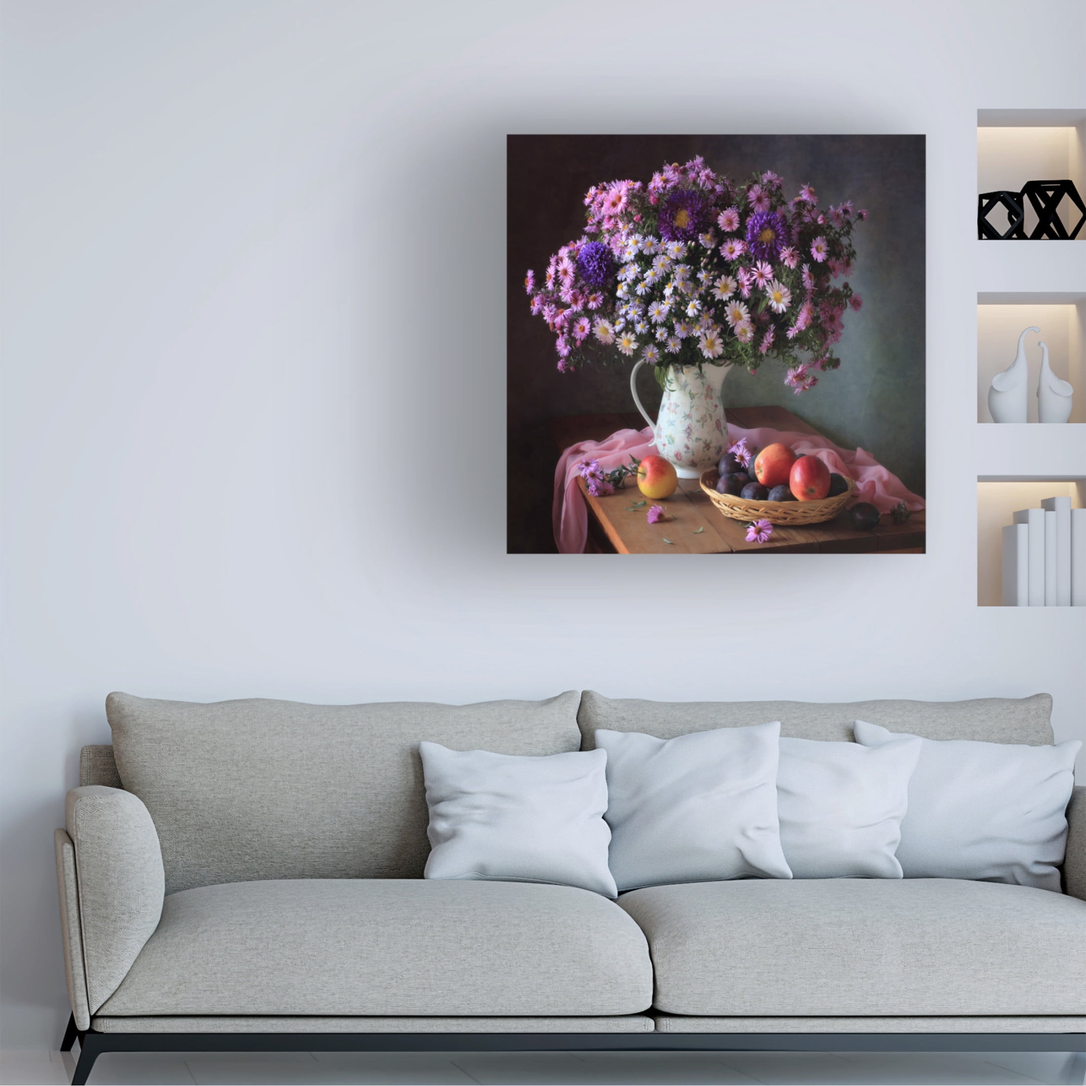Canvas Wall Art - Tatyana Skorokhod 'Still Life With A Bouquet Of Chrysanthemums And Fruits' Wall Art for Living Room, Bedroom, or Office D?cor by Trademark Fine Art - 14 x 14 Inches
