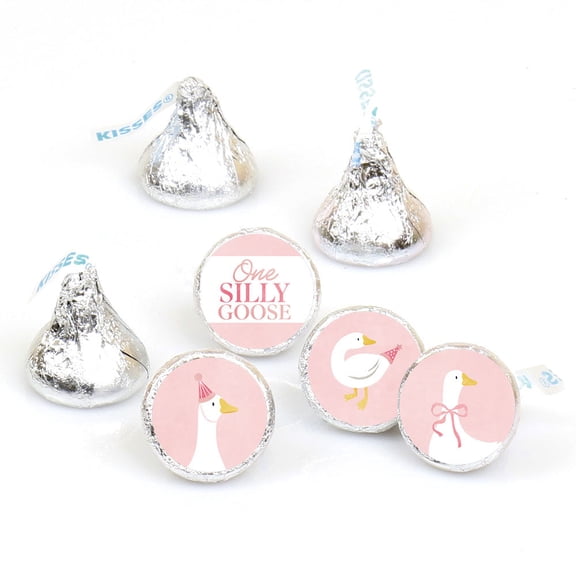 Big Dot of Happiness Mini One Silly Goose Pink Party Stickers, Girl 1st Birthday Party Round Candy Sticker Favors - Small Labels Fit Chocolate Candy (1 Sheet of 108)