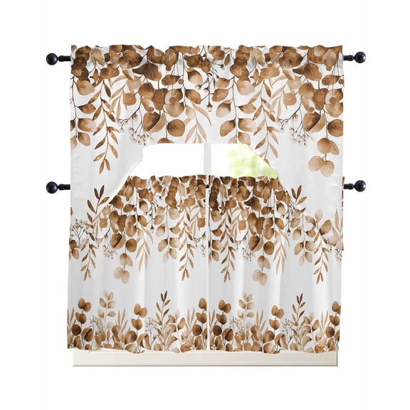 Brown Eucalyptus Leaves Swag Kitchen Curtains Sets for Windows 24 Inch Length, Spring Summer Botanical Short Window Curtain Panels Swags Valances and Tiers 3 Piece Set for Cafe/Dining Room