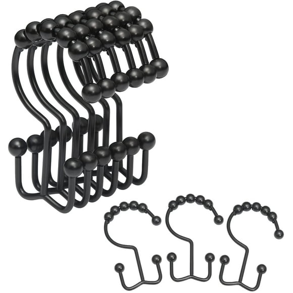 Qucyy Shower Curtain Rings, Shower Curtain Hooks, Rust-Resistant Metal Black Shower Curtain Rings, Double Shower Curtain Hooks for Bathroom Shower Curtains and Shower Liners, Set of 12, Black