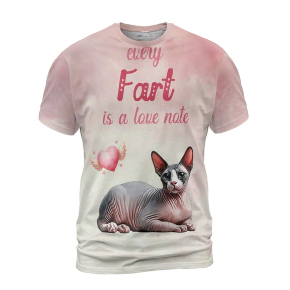 Every Fart is Love Note Sphynx Guilty Face Happy Valentine's All Over Print 3D Shirt Unisex Merch Cat Lover Kitten Owner Gifts Idea - 01016