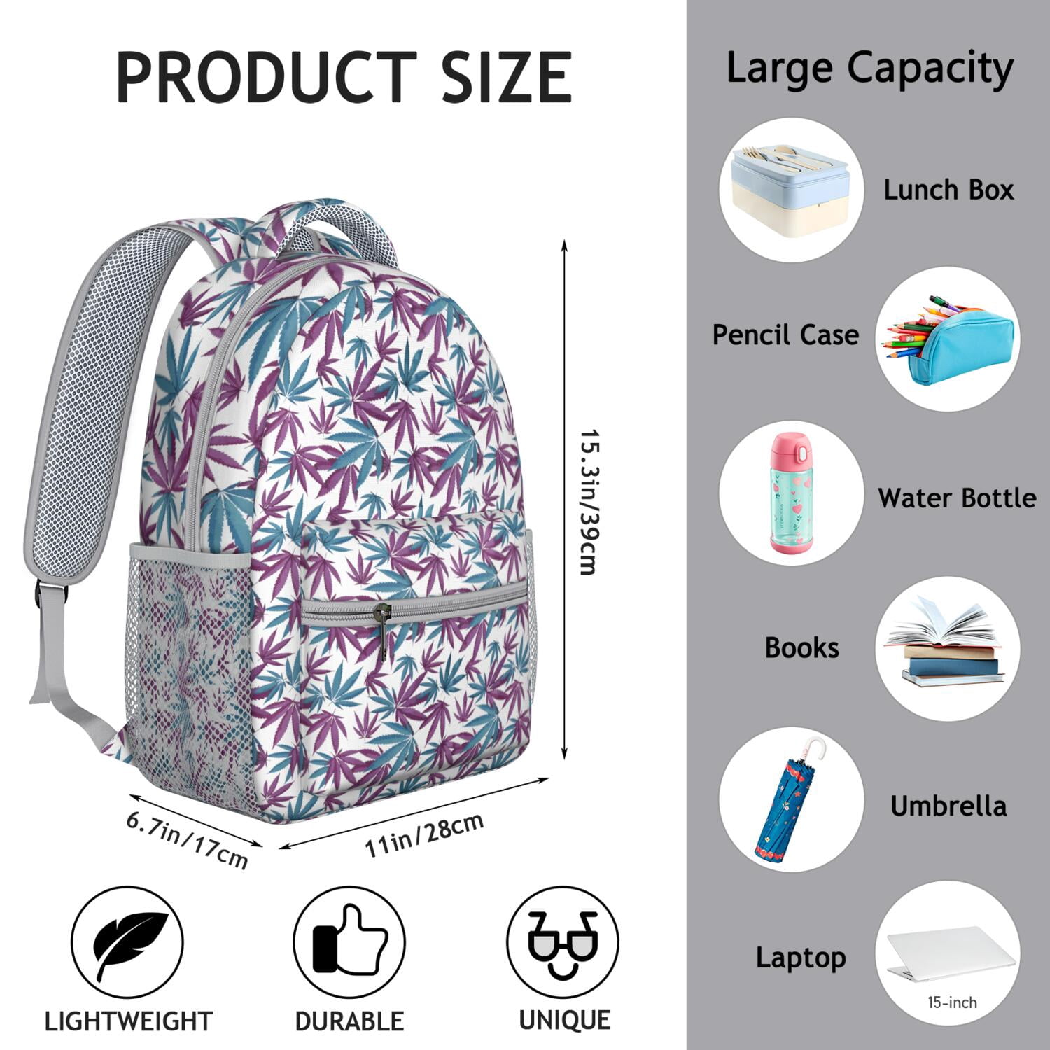 Colorful Weed Lightweight Student Backpack - Waterproof & Durable Bookbag with Hemp Leaf Design & Spacious Storage for Teens