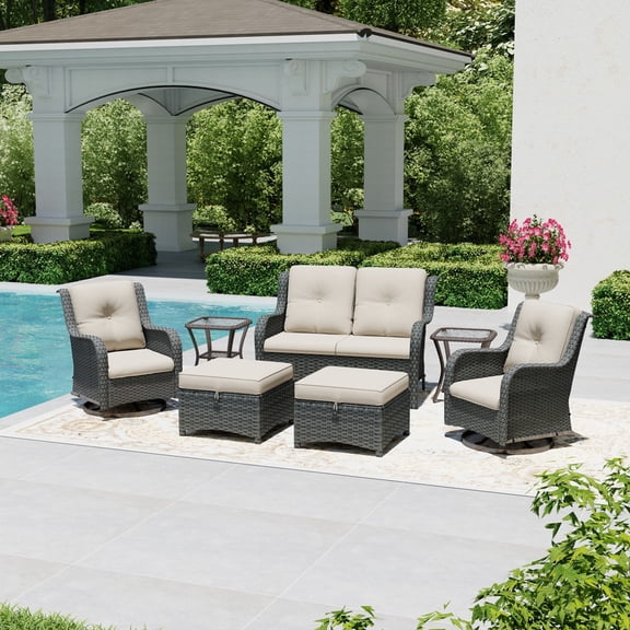 Joyside 7 Piece Wicker Patio Set with 2-Seat Loveseat, 2 Swivel Rocker Chairs, 2 Ottomans & 2 Side Tables, Outdoor Furniture Sectional Conversation Set for Deck Porch, Beige