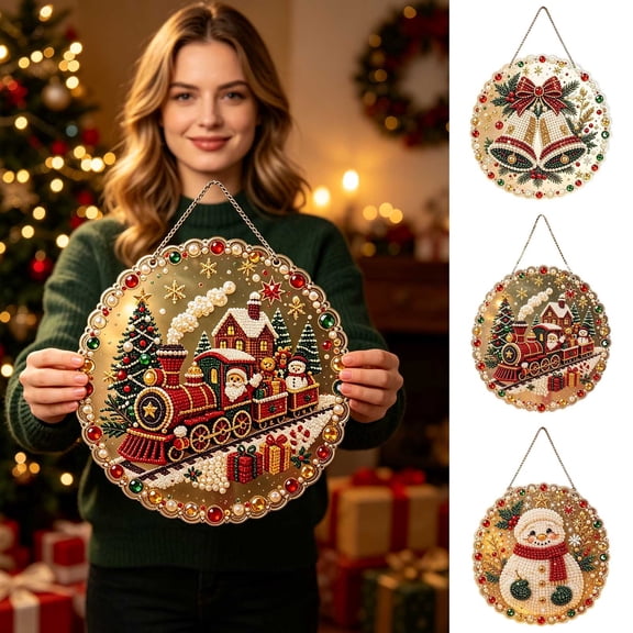 Christmas Pearl Diamond Painting Suncatcher Kit, DIY Craft, Pre-Assembled Metal Chain, Acrylic Round Board with Lace Edge, 3D Mixed-Sized Pearl Beads Craft, Festive Window Wall Decor
