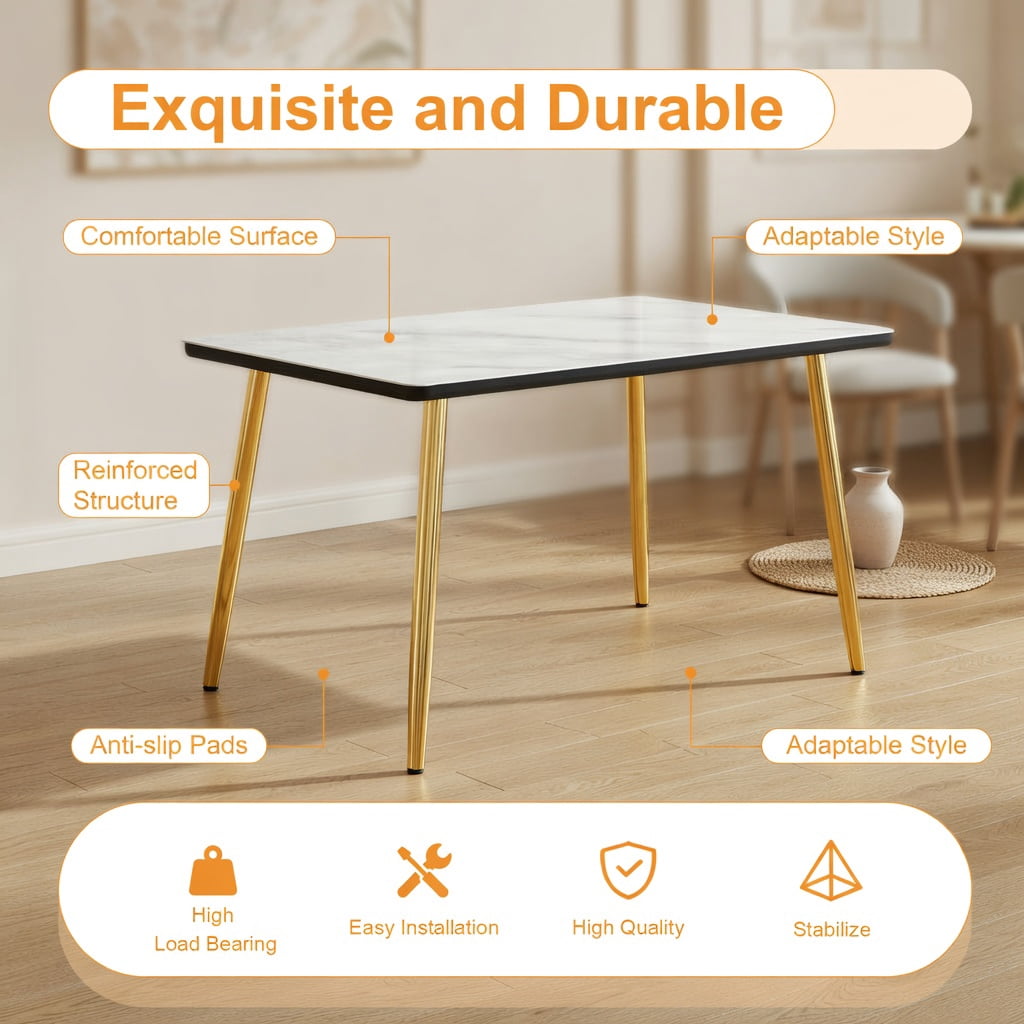 Hommoo Modern Rectangular Dining Table for 4-6 People, Tempered Glass & MDF Top with Imitation Marble Finish, Tapered Metal Legs, Minimalist Design for Small Spaces, White & Gold
