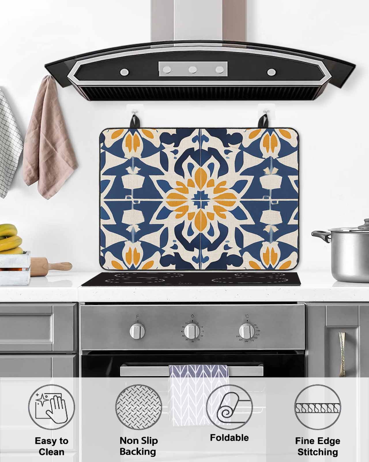 nqOlkjepod Large Induction Cooktop Protector Mat 36"x21", Morocco Stove Top Covers for Electric Stove, Orange Blue Plaid Boho Bohemian Mexican Aztec Stove Burner Cover Mats, Glass Top Stove Cover