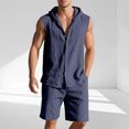 thumbnail image 2 of RYDCOT Mens Linen Sets 2 Piece Outfits Sleeveless Hooded Button Down Shirt and Shorts Set Vacation Outfit for Men Summer Beach Suits Navy, 2 of 8