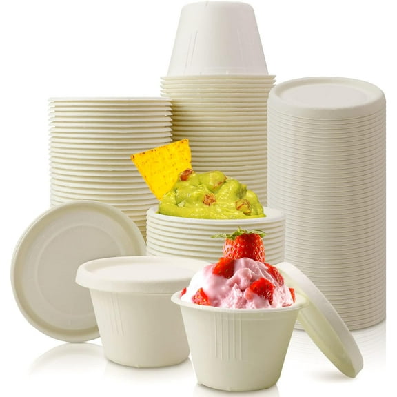 100 Pack 4oz Disposable Paper Cups with Lids, Small Ice Cream Cups, 4 Ounce Natural Bagasse Fiber Recycleable Paper Bowls for Portion Condiments, Sauce, Souffle