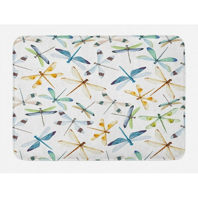 Dragonfly Bath Mat, Moth Butterfly Like Bugs in Watercolor Print Modern Minimalist Design Art Print, Non-Slip Plush Mat Bathroom Kitchen Laundry Room Decor, 29.5 X 17.5 Inches, Multicolor, Ambesonne