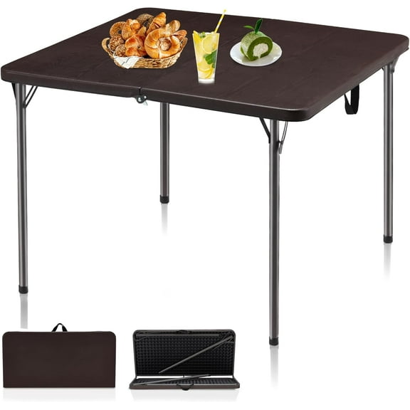 34" Folding Table, Portable Square Folding Card Table with Collapsible Legs & Carrying Handle, Plastic Tables for Camping,Picnic, Office, Party, Black