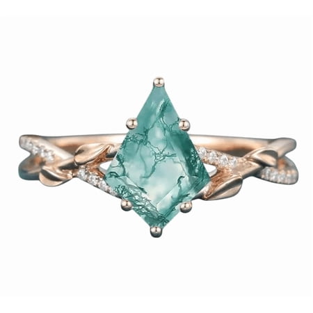 Kite-Cut Natural Moss Agate & Lab-Created Moissanite Leaf Shank Solitaire Engagement Ring in 925 Sterling Silver for Women – Nature-Inspired, Elegant, and Timeless