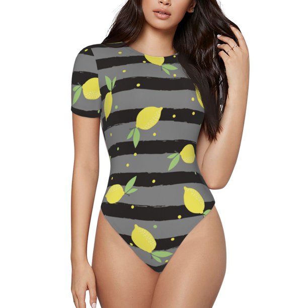 Balery Lemon Body de cuello redondo de manga corta para mujer Tops de manga corta Tops básicos-Large