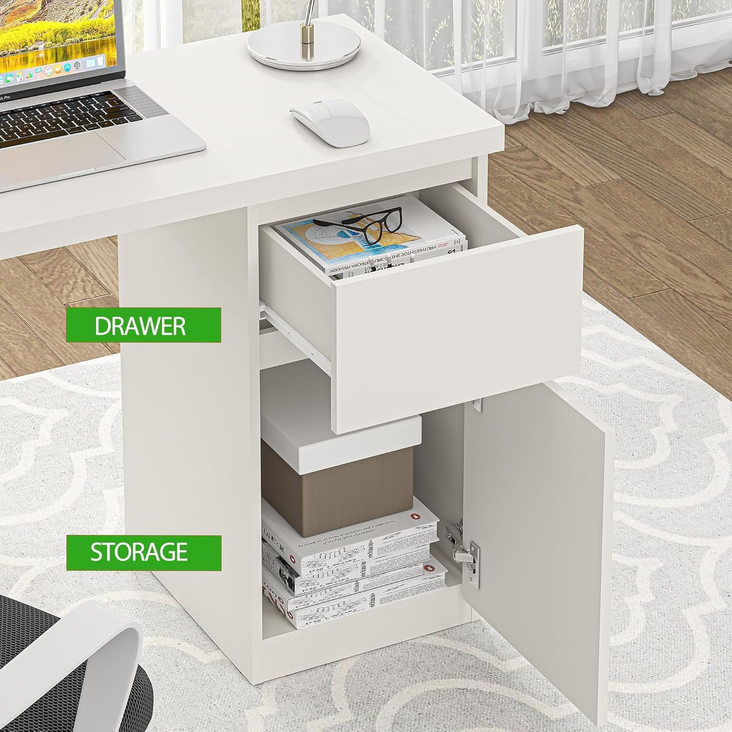 White Desk with Drawers, 55 Inch Small Cute Desk for Bedroom, Home Office PC Desk Workstation Study Table Desk with Storage, White