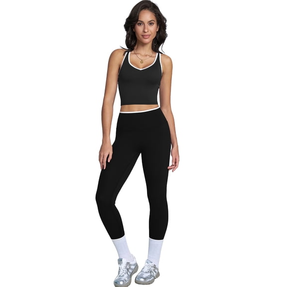 IBTOM CASTLE Womens Color Block Workout Sets Racerback Tank Top High Waist Leggings Gym Set Yoga Pilates Outfits M Black