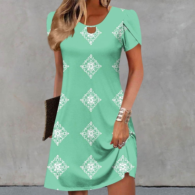 Makaor A Line Dress for Women Eyelet Mini Dresses Plus Size Short Sleeve Petal Sleeve Dress Print Crew Neck Lounge Dress Green 2XL