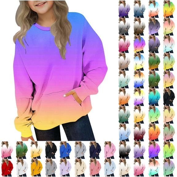 MKOSPLRT Kids Oversized Pullover Tops 2-12Y Crew Neck Lounge Sweat Shirts Long Sleeve Gradient T Shirts Fall Clothes with Pockets