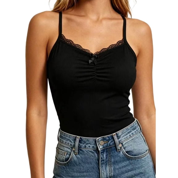 hoksml Women's Lace Trim Camisole Top with Built-in Bra, Adjustable Cross Back Straps, Stretch Soft Fabric Invisible Layering Tank Top for Daily Casual Wear