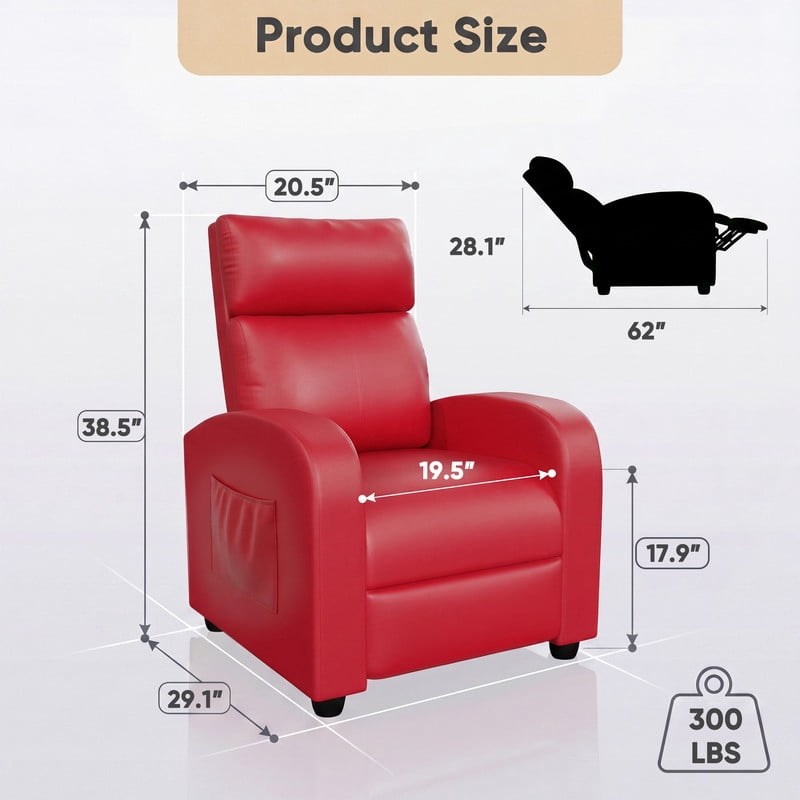 Vineego Massage PU Leather Recliner Adjustable Home Theater Seating Chair with Lumbar Support for Living Room,PU Red