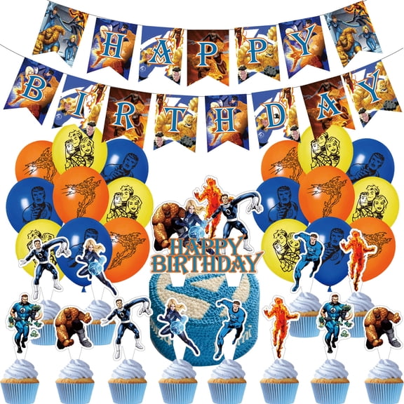 32 PCS For Fantastic Four Theme Birthday Party Decorations,With 1 Happy Birthday Banner Garland,18 Balloons,13 Cupcake Toppers,All-in-One Party Supply Set