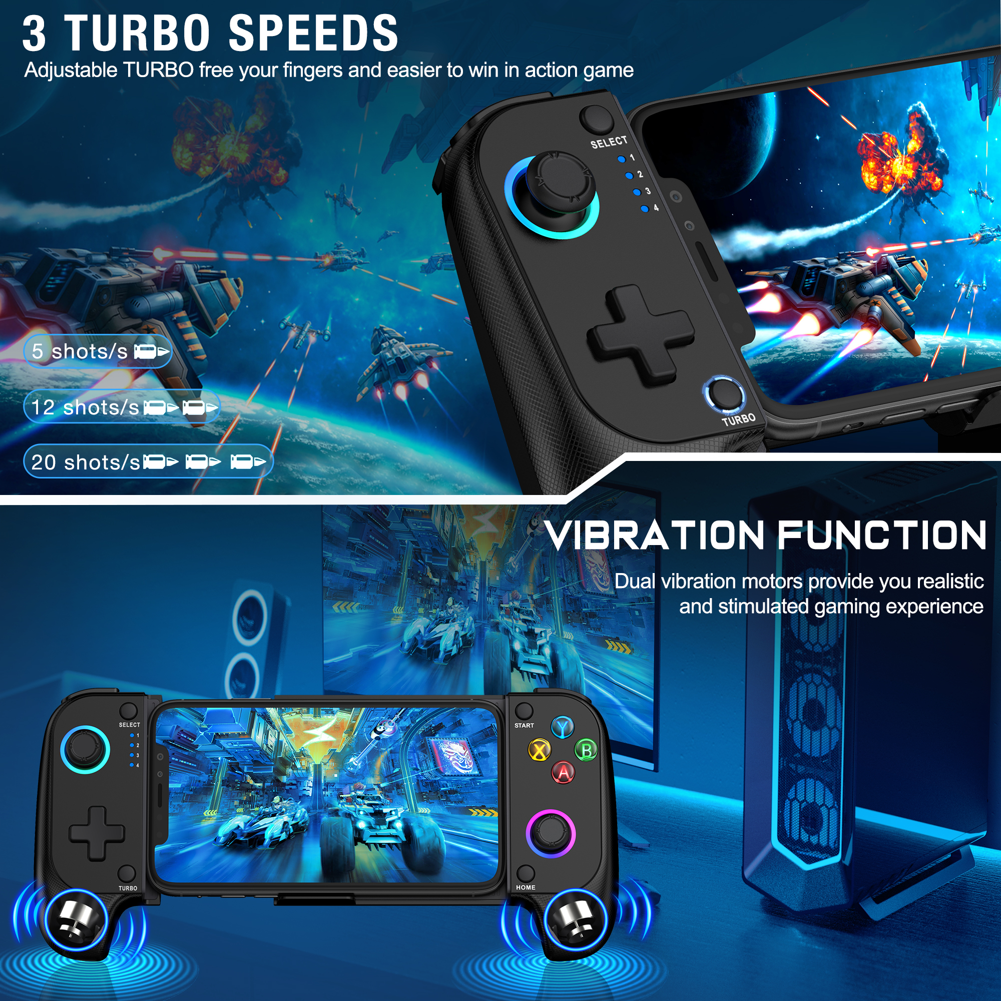 Beboncool Controlador de Juegos Móvil Inalámbrico Extensible para iOS Android, Joystick de Efecto Hall, Luz RGB, Turbo, Doble Vibración, Batería de 8H 4