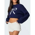 thumbnail image 4 of Fall Long Sleeve Pullover Sweaters for Women Trendy Crewneck Casual Cute Chunky Knit Crop Sweater Navy Blue M, 4 of 8