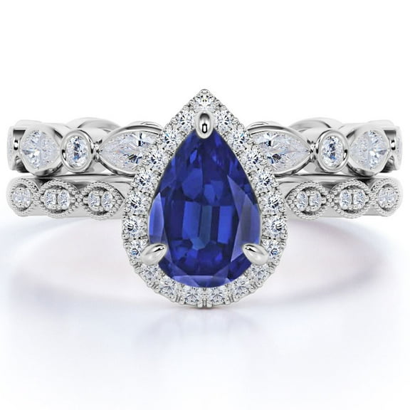 JeenMata 1.5 Carat Pear Shaped Lab Created Blue Sapphire Bridal Wedding Ring Set in 18k White Gold Over Silver