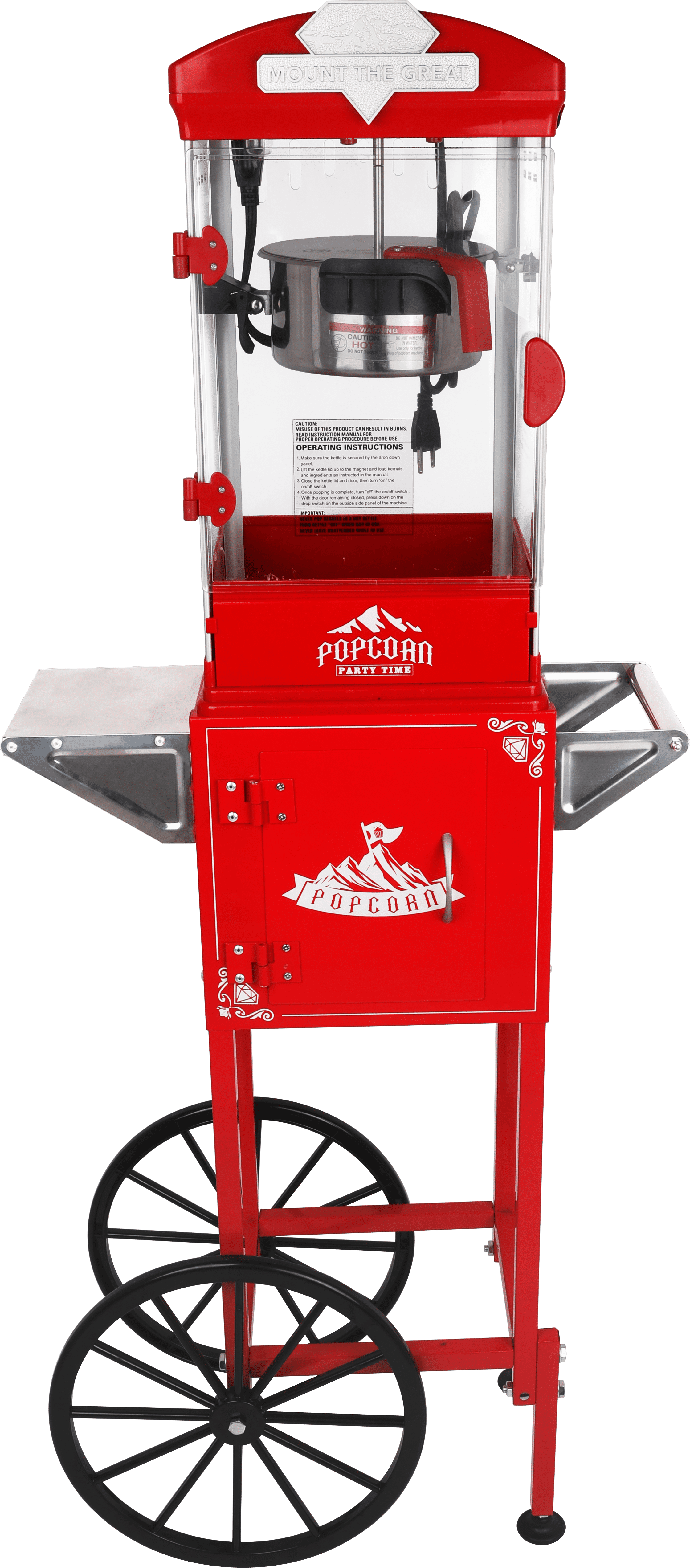 Popcorn Machine with Cart, Wheels & 10 Oz Kettle Popcorn Maker Measuring 3 plastic spoon Home Theater Popcorn Machine, Red