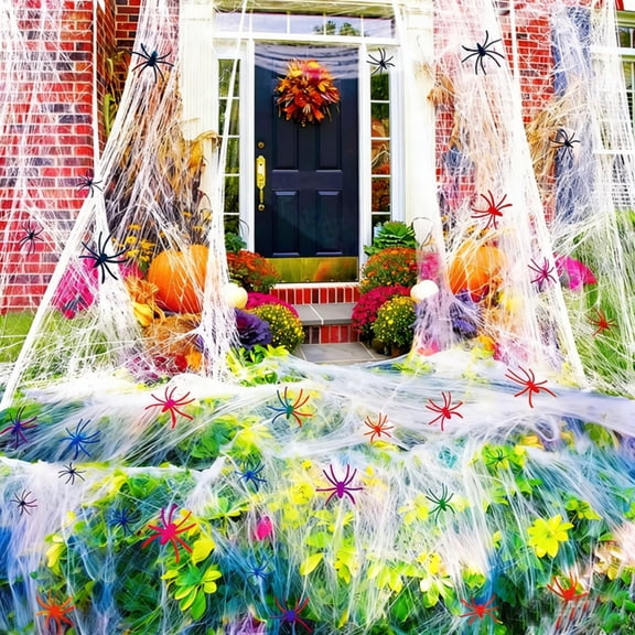 Halloween Stretchable Spider Web Decoration with 20 Multicolor Fake Spiders Cotton Creepy Cobweb for Indoor Outdoor Yard Porch Front Door Fall Holiday Scene Decor