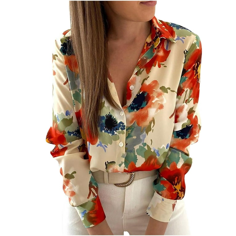 Womens Long Sleeve Button T-Shirt Blouse Tee Floral Tops V-Neck