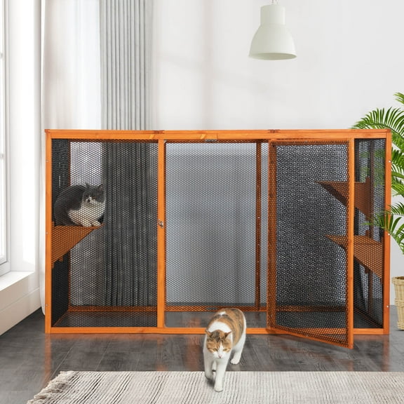 Pefilos 71" Cat Houses for Outdoor Cats, Kitty Enclosure with Waterproof Roof and 3 Jumping Platforms, Detachable Wood Cat Cage Condo, Indoor Catio Playpen, Orange
