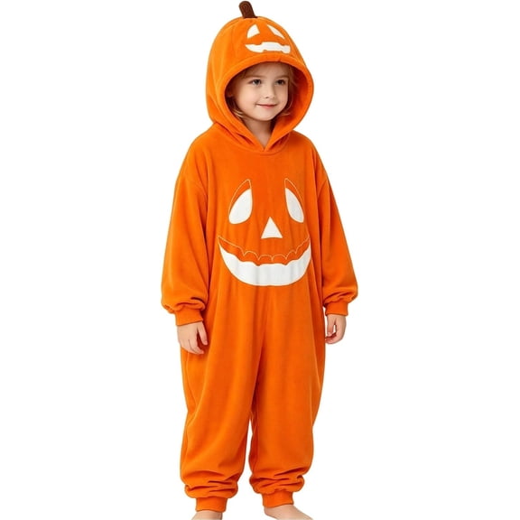 Guvpev K'ids Pumpkin Halloween Costume, Plush Zippered Onesie Jumpsuit with Hoodie, Cute Jack-O-Lantern Dress Up Pajamas for B'oys & G'irls, Ages 2-12 Years