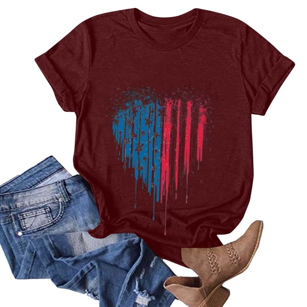 Tops Cortos para las Mujeres Día de la Independencia Impreso Cuello de la Tripulación Tee, Casual Y Elegante Cuello Redondo Tops para las Mujeres