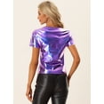 thumbnail image 3 of Camiseta de Color Metálico para Mujer con Cuello en V Party Clubwear Shiny Top Azul M, 3 of 5