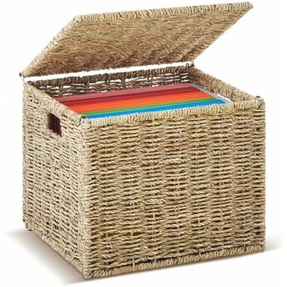 Seagrass File Box Organizers Decorative File Baskets for Hanging Folders Filing Cabinet with Lid Collapsible Letter Size Document Storage Box for Home Office Decor, Natural$$Office