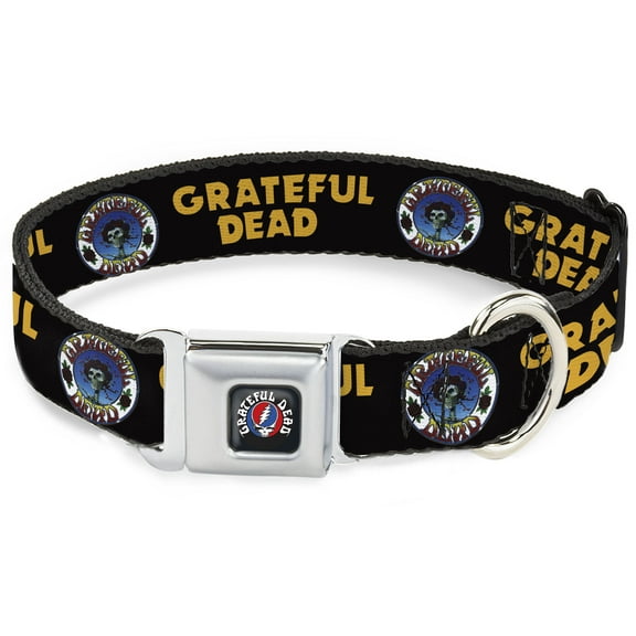 Grateful Dead Pet Collar, Dog Collar Metal Seatbelt Buckle, Grateful Dead Text Skull and Roses Round Logo Black Yellow, 9.5 to 13 Inches 1.0 Inch Wide