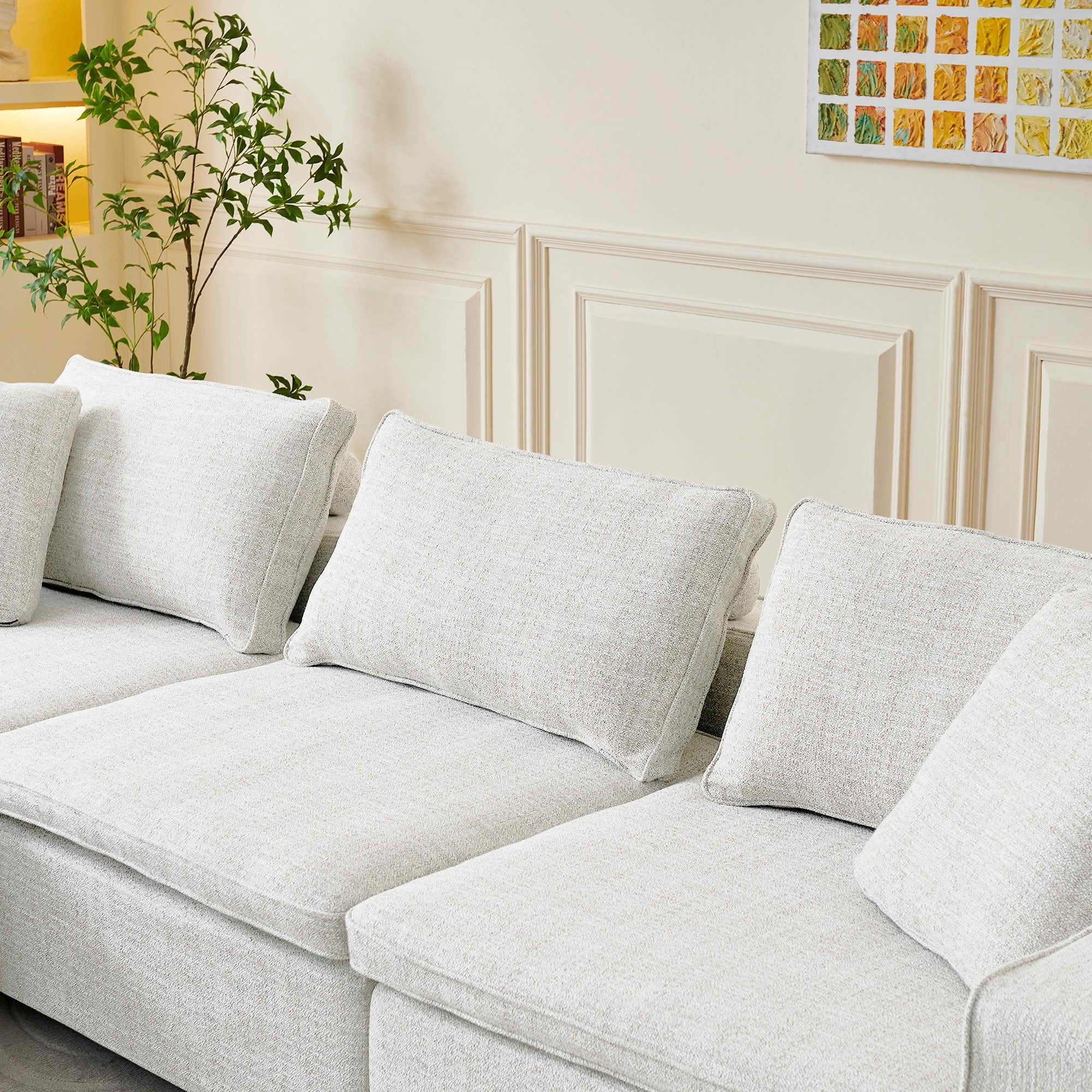 MAYEERTY 131in 4-Seater Cloud Couch with Ottoman, Washable Linen Cover, Pocket Springs & Compressed Delivery，White