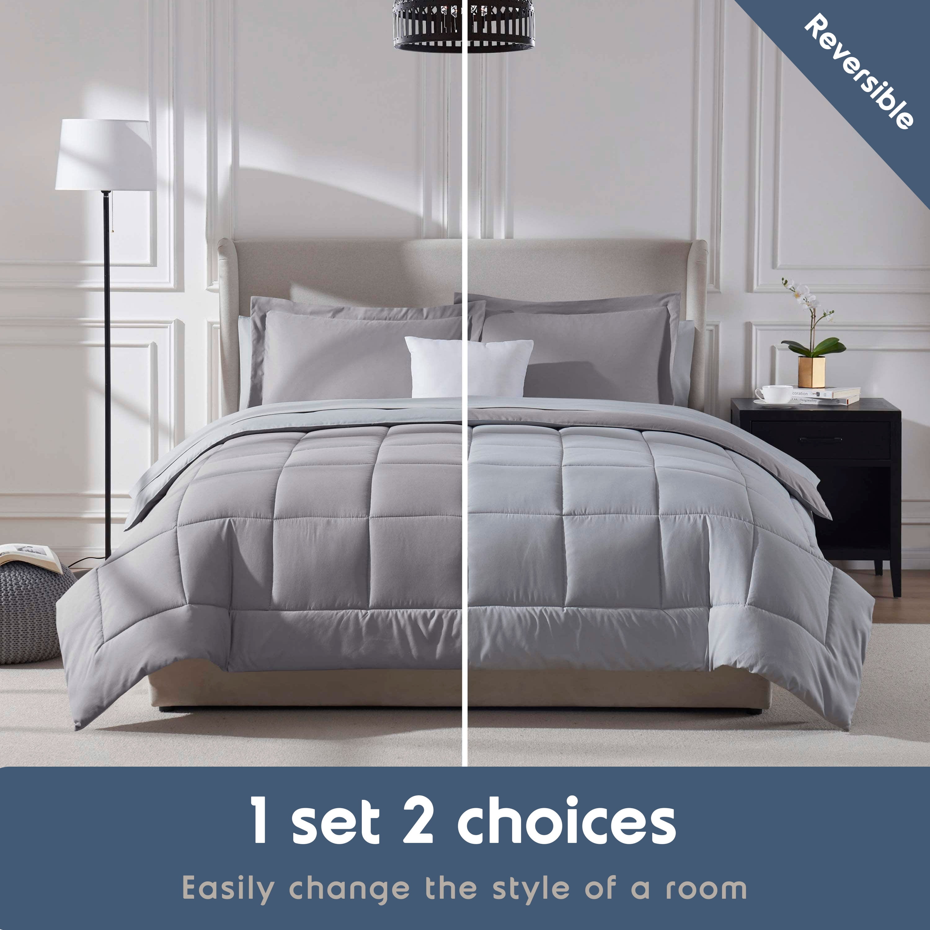 LammaLoe King Comforter Set, With King Sheets, Reversible Bed In A Bag 7 Piece, Bedding Set, Grey Lavender
