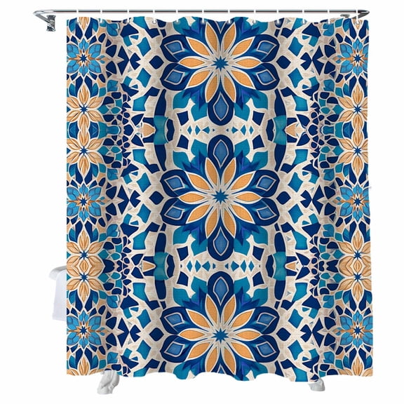 Shower Curtains Abstract Blue Yellow Flowers Bath Curtain Morocco Style Floral Waterproof Bathroom Shower Curtain Set with Hooks Decoration 36 x 72 Inches