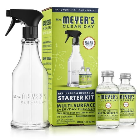 Mrs. Meyer's Clean Day Multi-Surface Everyday Cleaner Concentrate Starter Kit, 1 Glass Dispenser (16 Fl. Oz.) and 2 Concentrated Refills (2 Fl. Oz. each), Lemon Verbena Scent, Makes 32 Fl. Oz.