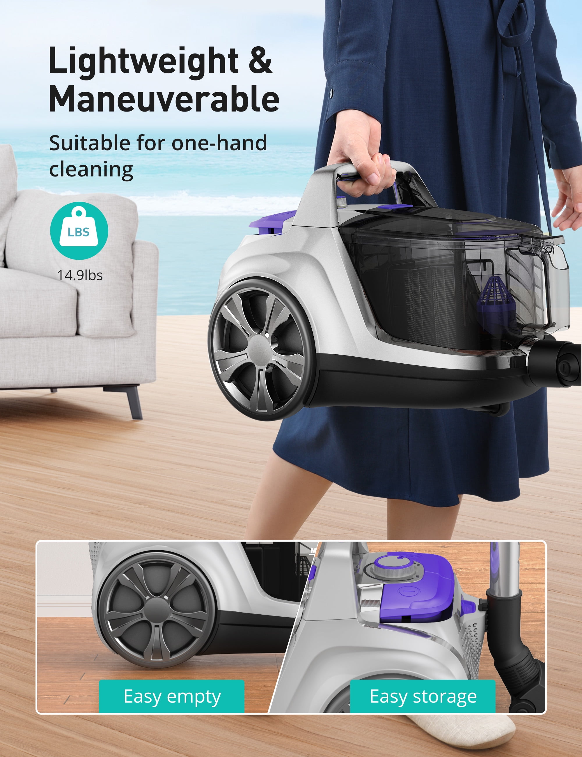 Aspiron Bagless Canister Vacuum Cleaner with Double HEPA Filter, Turbo Brush, 1200W, 3.6QT, New