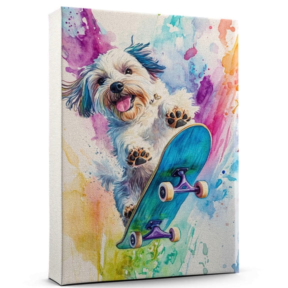 Tibetan Terrier Dog Stretched Canvas Size 8x12 – Skateboarding Theme Dog Art for Wall, Tibetan Terrier Dog Playing Skateboarding Wall Art, Dog Lover Canvas Decor
