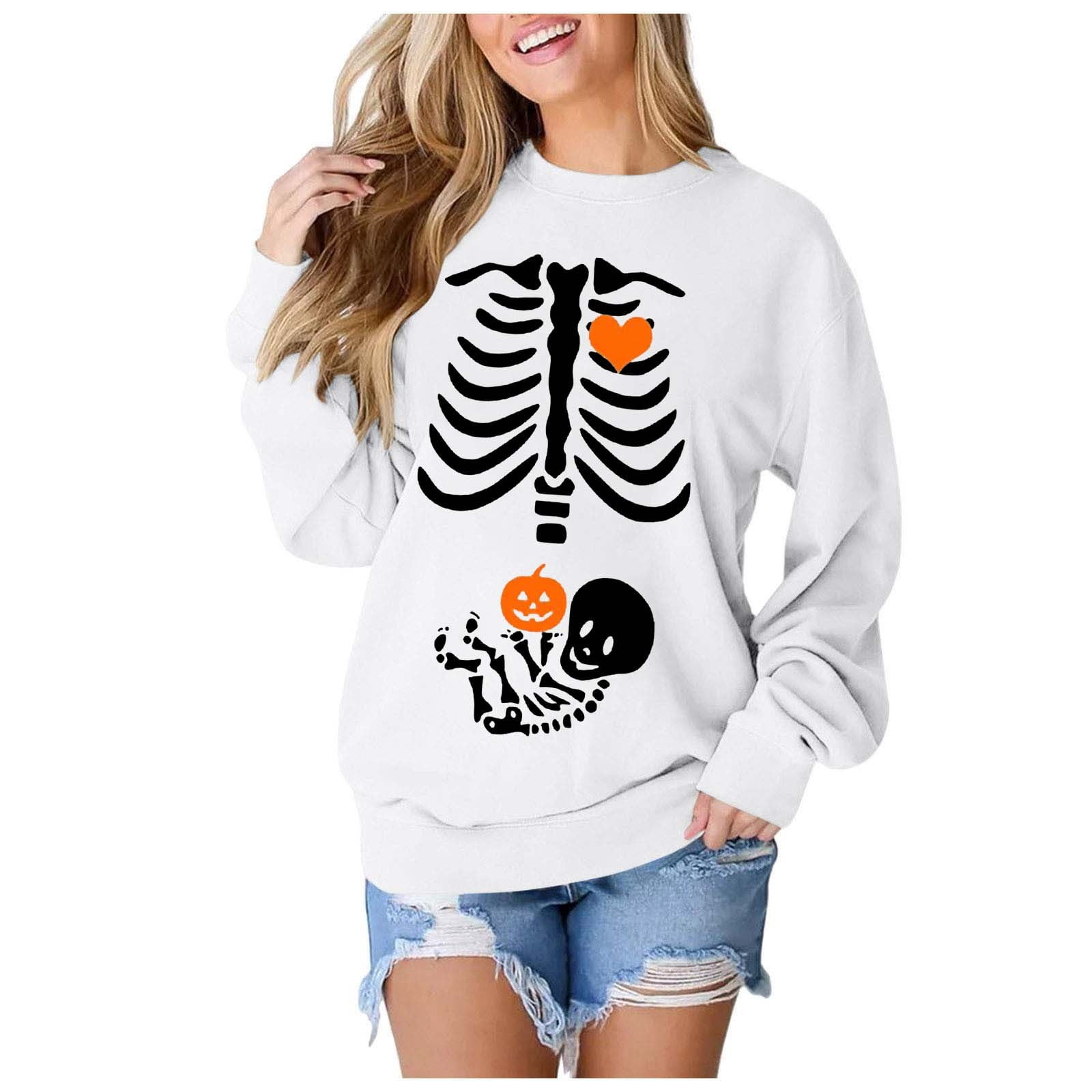 KHONTS Women's Skeleton Halloween Maternity Sweatshirts Crewneck Pullover Tops Pregnancy Announcement Tee Tops White XL