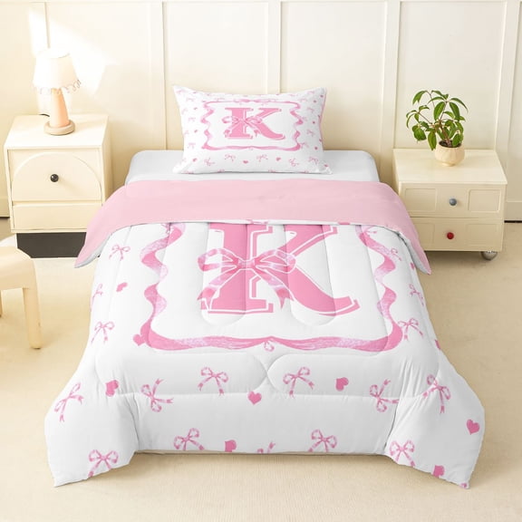 Erosebridal Princess Ribbon Twin Comforter Sets for Girls, Pink Letter K Bedding Set, 2-Piece