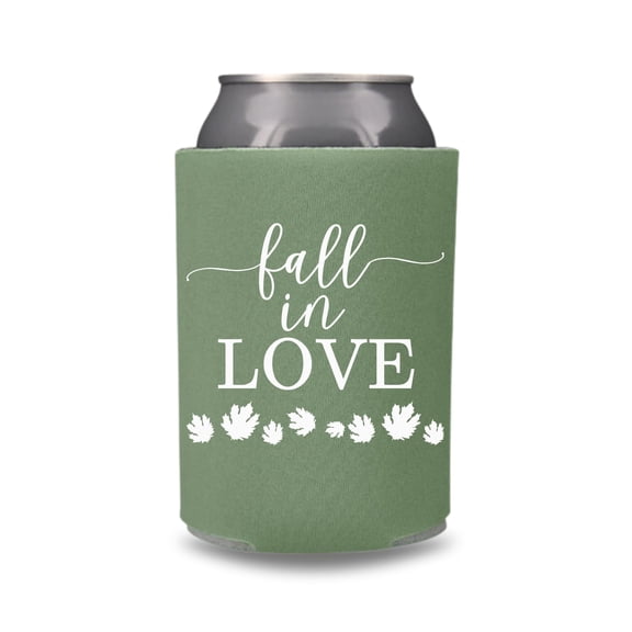 Fall Wedding Can Coolers, Fall In Love Coolies, Perfect for Wedding Party Gift and Souvenir Ideas, Couple's Wedding Beer Sleeves (Willow Green)