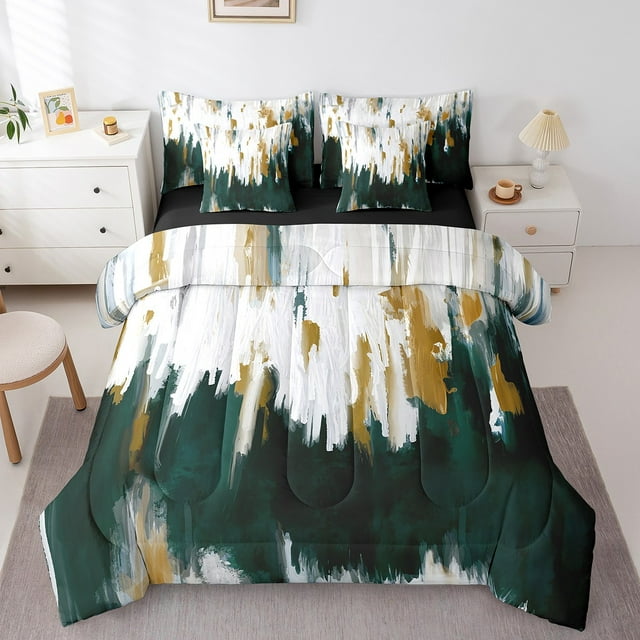 YST 7-Piece Modern Graffiti Comforter Set, Twin Size, Emerald Green Gradient Brush Strokes