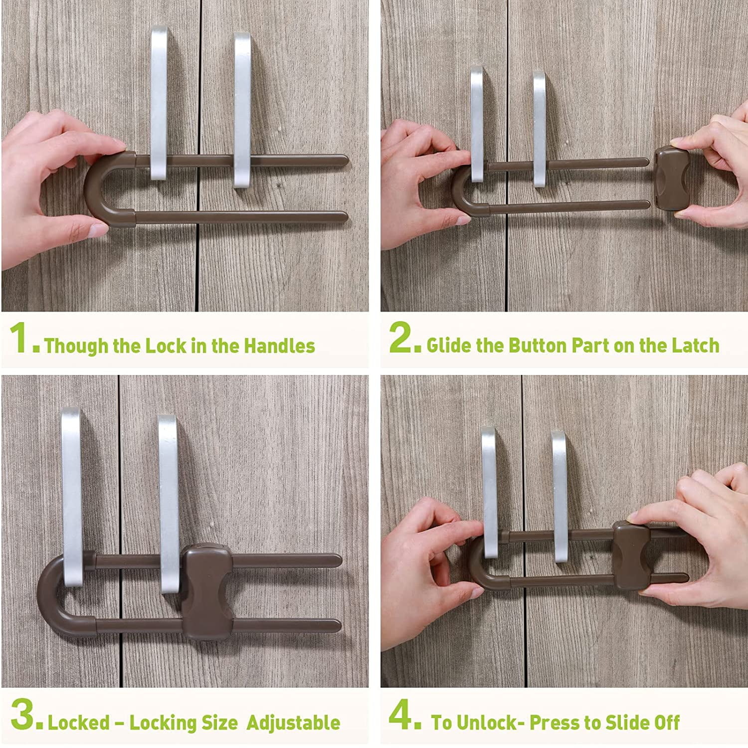 10 Pieces Cabinet Locks for Babies, U-Shaped Proofing Drawers Safety Child Locks Adjustable, Easy to Use Childproof Latch for Knob Handle on Kitchen Door Storage Cupboard Closet Dresser(Brown)