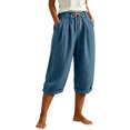 thumbnail image 4 of Capri Pants for Women Linen Wide Leg Loose Fit with Drawstring Elastic Waist Casual Summer Cuffed Pants with Pockets, XL, 4 of 6