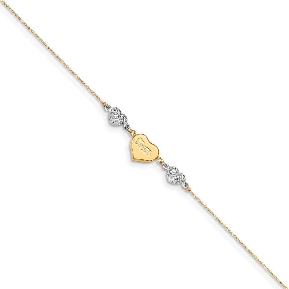 14K Two Tone Gold D/C Puffed Hearts MOM w/ 1in Ext Anklet