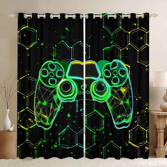 Homewish Modern Fashion Gamepad Blackout Curtains Set of 2 (52x84 Each) for Kids, Glitter Stars Print Window Curtains, Neon Gradient Honeycomb Curtains and Drapes, Blackout Curtains Bedroom Decor